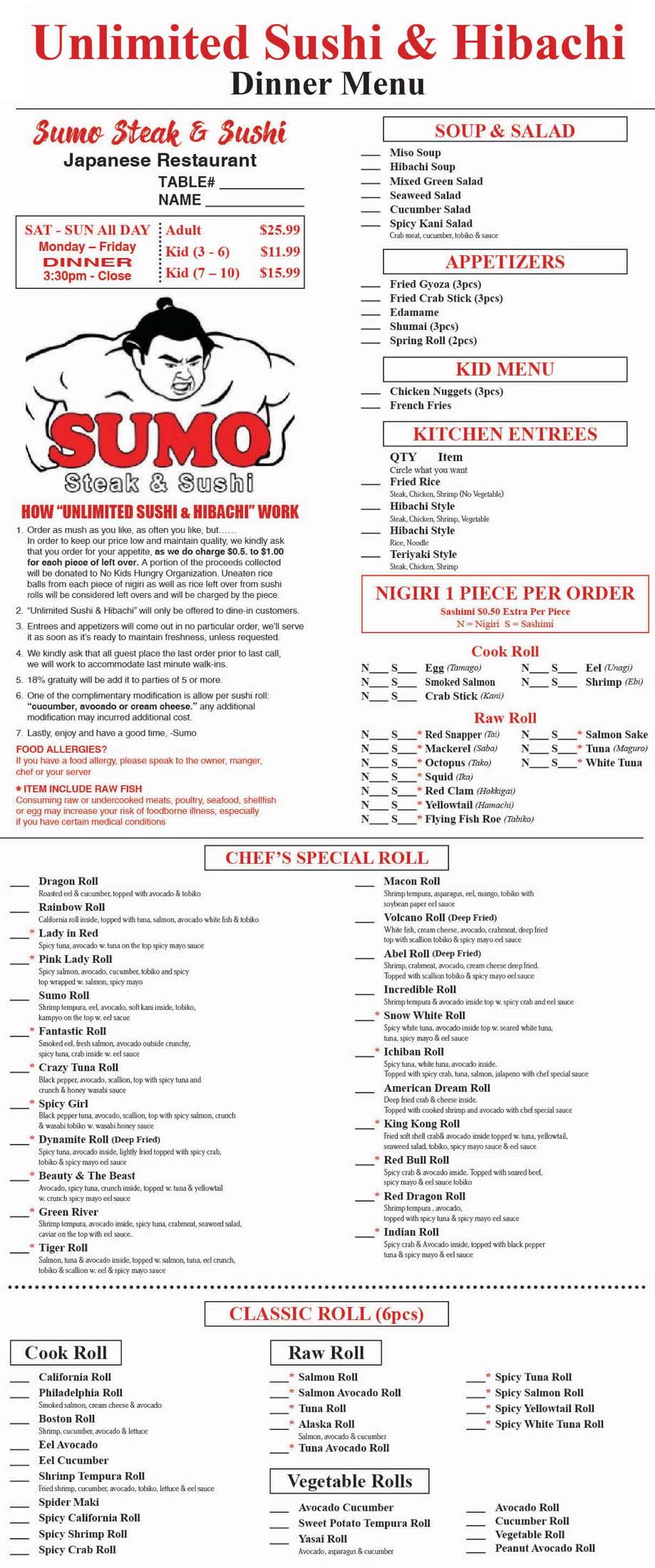 Unlimited sushi and hibachi dinner menu